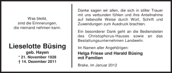 Traueranzeige von Lieselotte Büsing von Nordwest-Zeitung