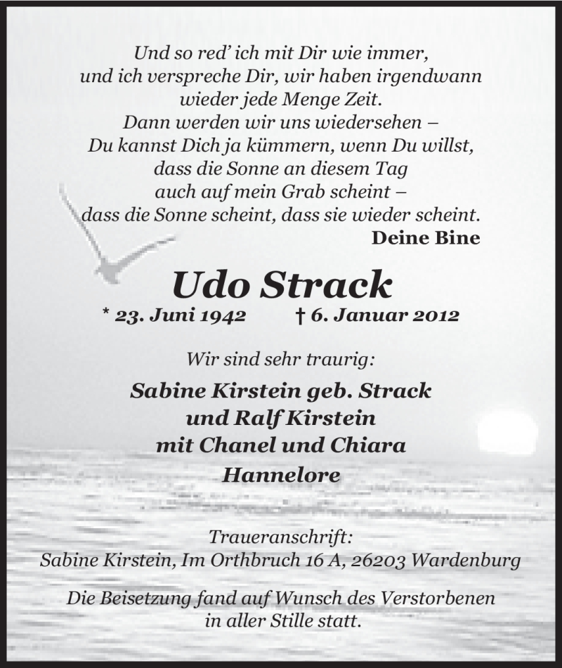 Traueranzeigen von Udo Strack | nordwest-trauer.de