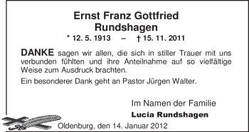 Traueranzeige von Ernst Franz Gottfried Rundshagen von Nordwest-Zeitung