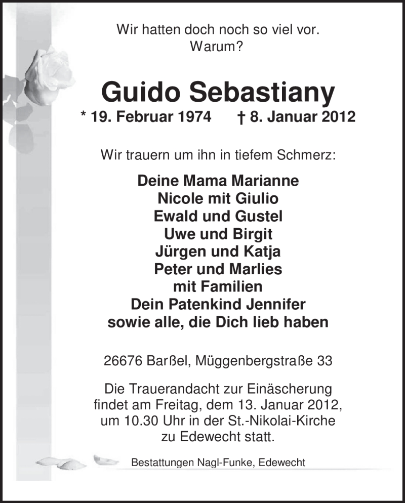  Traueranzeige für Guido Sebastiany vom 11.01.2012 aus Nordwest-Zeitung