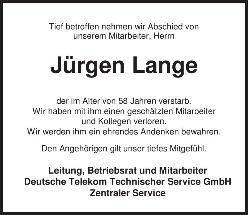  Traueranzeige für Jürgen Lange vom 14.01.2012 aus Nordwest-Zeitung