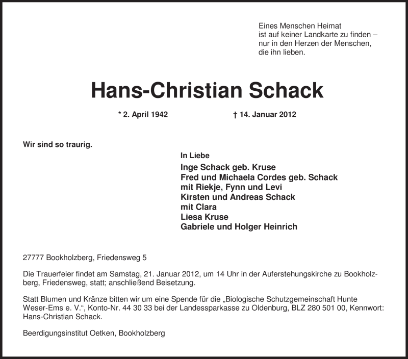  Traueranzeige für Hans-Christian Schack vom 17.01.2012 aus Nordwest-Zeitung