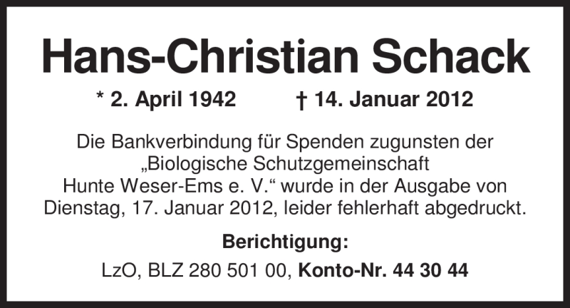  Traueranzeige für Hans-Christian Schack vom 20.01.2012 aus Nordwest-Zeitung