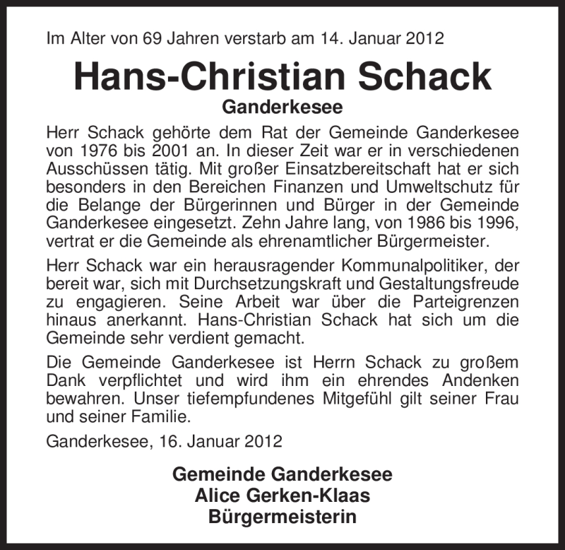  Traueranzeige für Hans-Christian Schack vom 17.01.2012 aus Nordwest-Zeitung