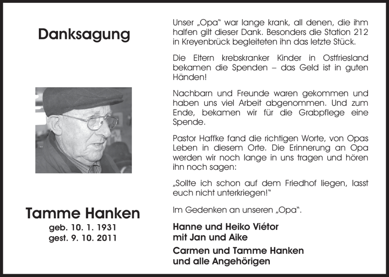  Traueranzeige für Tamme Hanken vom 18.01.2012 aus Nordwest-Zeitung