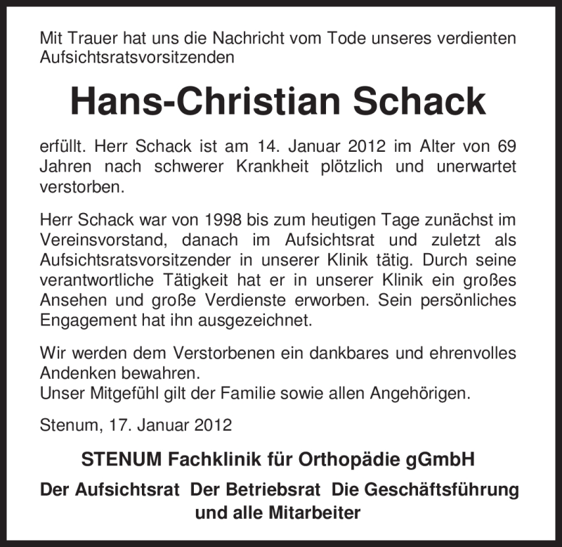  Traueranzeige für Hans-Christian Schack vom 18.01.2012 aus Nordwest-Zeitung
