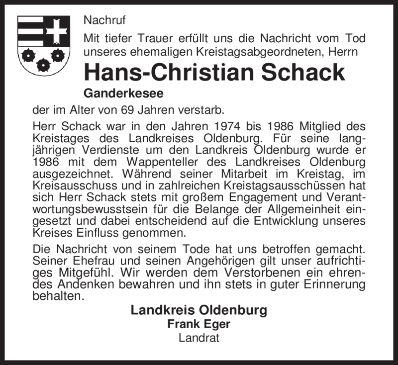  Traueranzeige für Hans-Christian Schack vom 18.01.2012 aus Nordwest-Zeitung