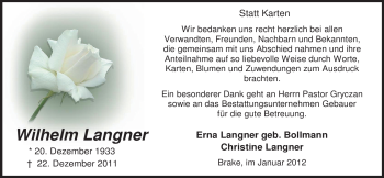 Traueranzeige von Wilhelm Langner von Nordwest-Zeitung