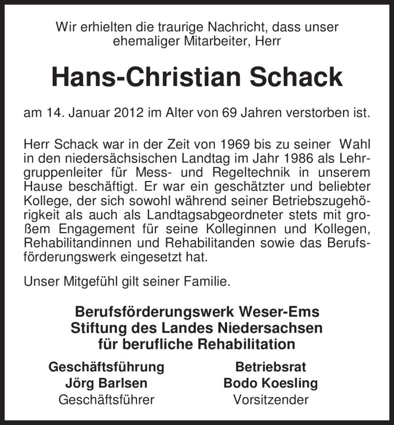  Traueranzeige für Hans-Christian Schack vom 20.01.2012 aus Nordwest-Zeitung