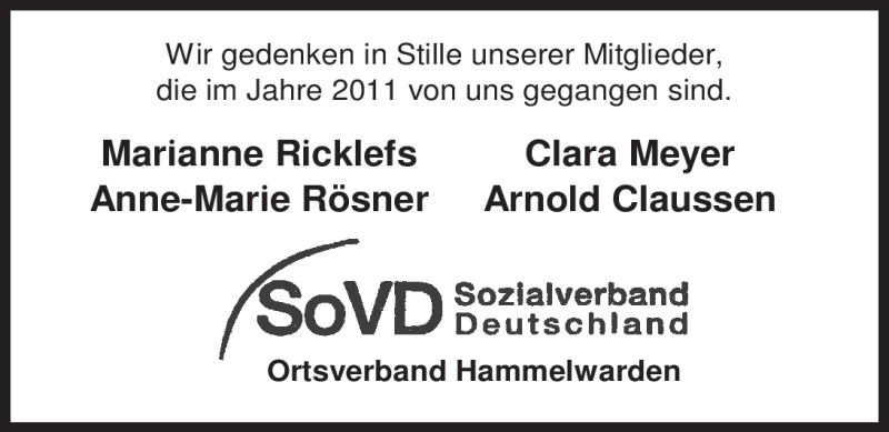  Traueranzeige für Marianne Ricklefs vom 24.01.2012 aus Nordwest-Zeitung