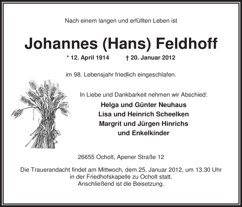  Traueranzeige für Johannes (Hans) Feldhoff vom 23.01.2012 aus Nordwest-Zeitung