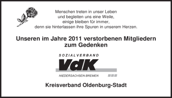 Traueranzeige von VdK Oldenburg-Stadt gedenken von Nordwest-Zeitung