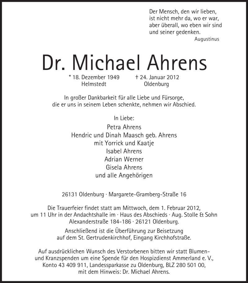  Traueranzeige für Michael Ahrens vom 28.01.2012 aus Nordwest-Zeitung