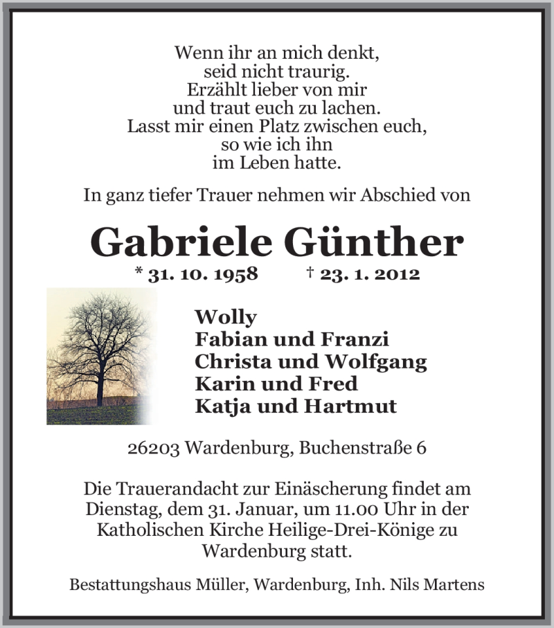  Traueranzeige für Gabriele Günther vom 27.01.2012 aus Nordwest-Zeitung