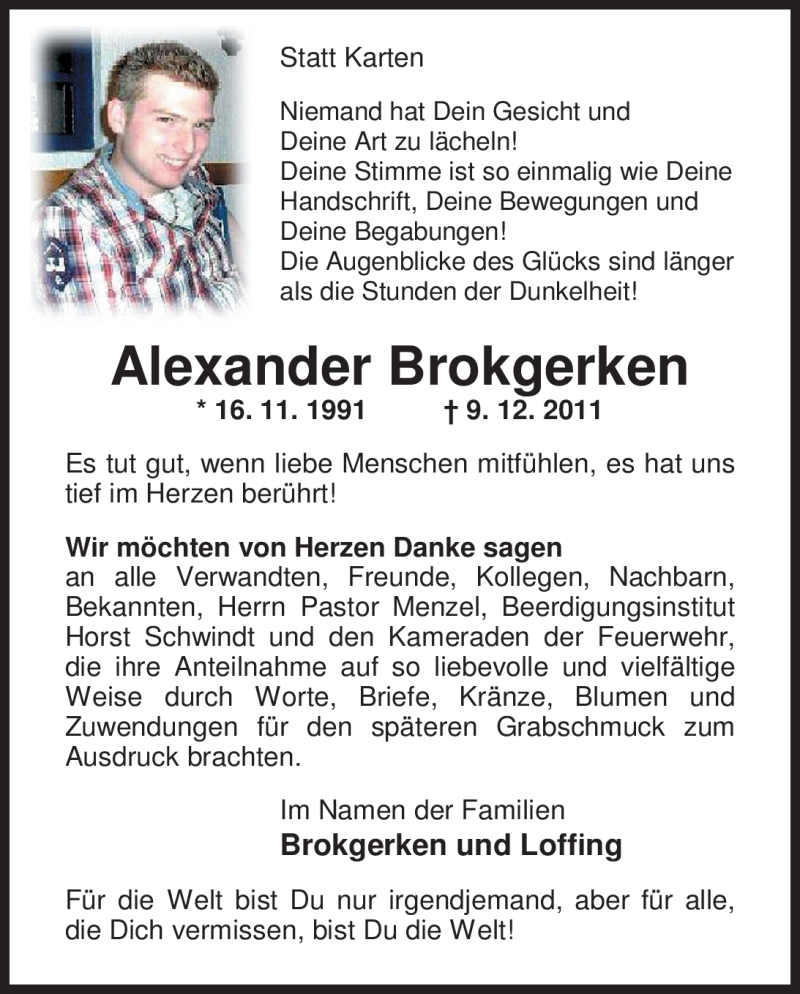  Traueranzeige für Alexander Brokgerken vom 28.01.2012 aus Nordwest-Zeitung