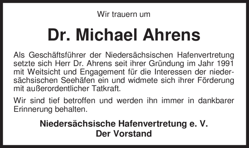  Traueranzeige für Michael Ahrens vom 28.01.2012 aus Nordwest-Zeitung