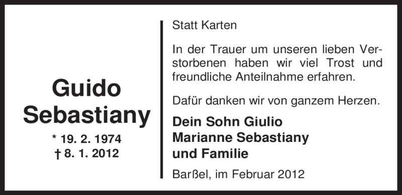  Traueranzeige für Guido Sebastiany vom 08.03.2012 aus Nordwest-Zeitung