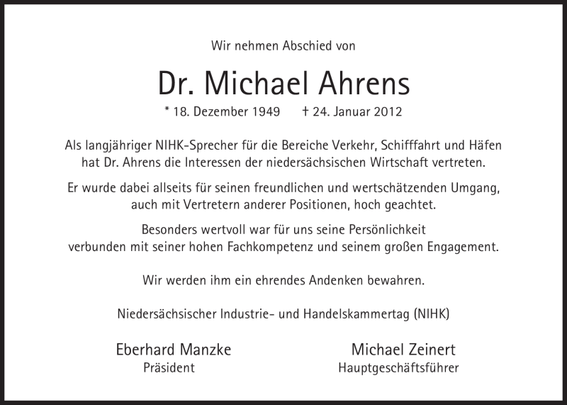  Traueranzeige für Michael Ahrens vom 28.01.2012 aus Nordwest-Zeitung