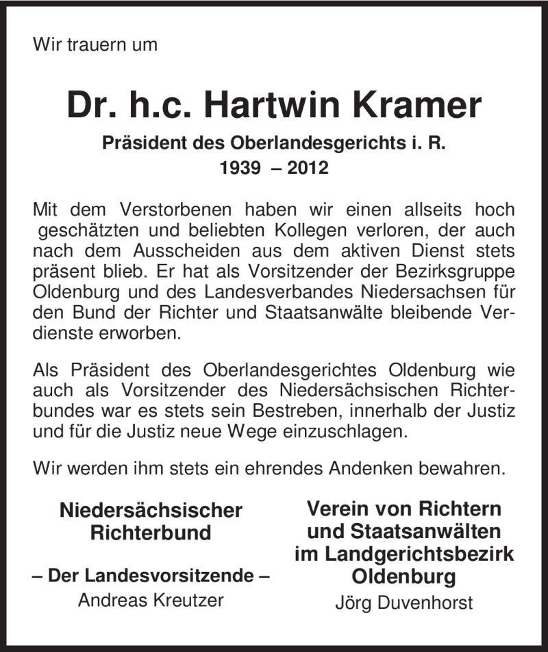  Traueranzeige für Dr. h.c. Hartwin Kramer vom 31.01.2012 aus Nordwest-Zeitung