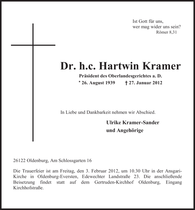  Traueranzeige für Dr. h.c. Hartwin Kramer vom 31.01.2012 aus Nordwest-Zeitung