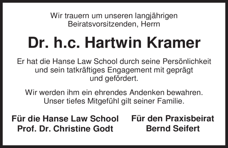  Traueranzeige für Dr. h.c. Hartwin Kramer vom 01.02.2012 aus Nordwest-Zeitung