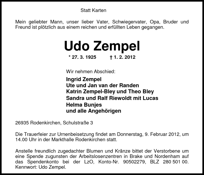  Traueranzeige für Udo Zempel vom 04.02.2012 aus Nordwest-Zeitung