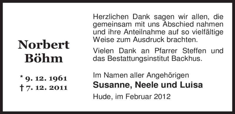  Traueranzeige für Norbert Böhm vom 11.02.2012 aus Nordwest-Zeitung