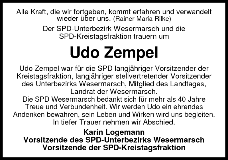  Traueranzeige für Udo Zempel vom 04.02.2012 aus Nordwest-Zeitung