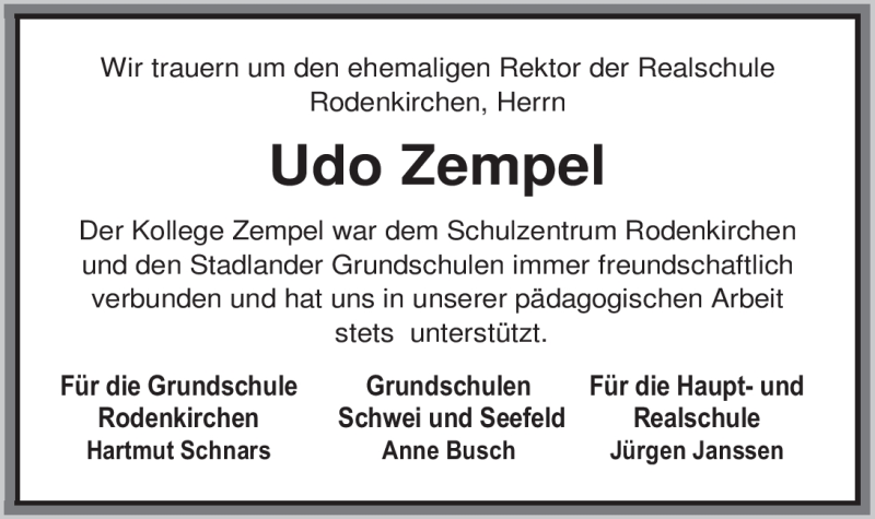  Traueranzeige für Udo Zempel vom 07.02.2012 aus Nordwest-Zeitung