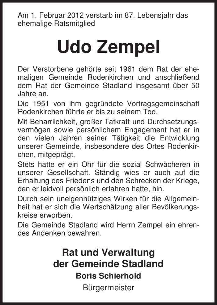 Traueranzeige für Udo Zempel vom 07.02.2012 aus Nordwest-Zeitung