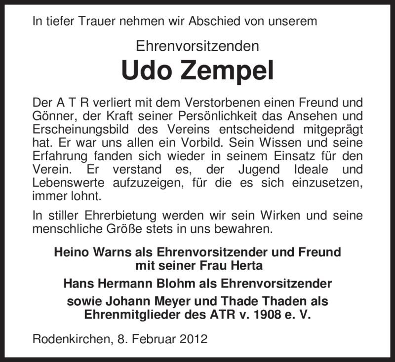  Traueranzeige für Udo Zempel vom 08.02.2012 aus Nordwest-Zeitung