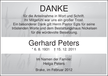 Traueranzeige von Gerhard Peters von Nordwest-Zeitung