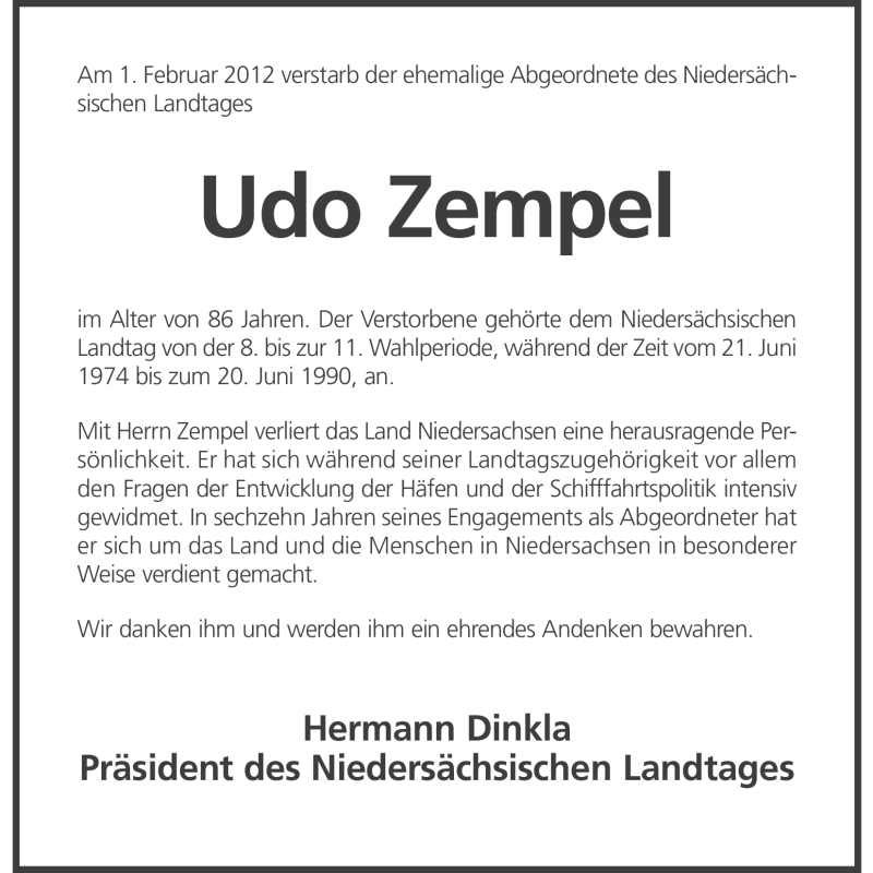  Traueranzeige für Udo Zempel vom 09.02.2012 aus Nordwest-Zeitung
