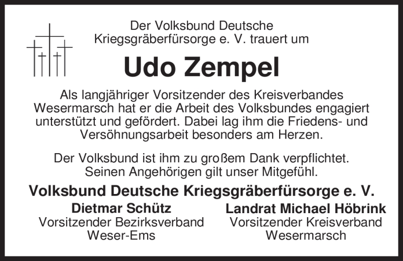  Traueranzeige für Udo Zempel vom 08.02.2012 aus Nordwest-Zeitung