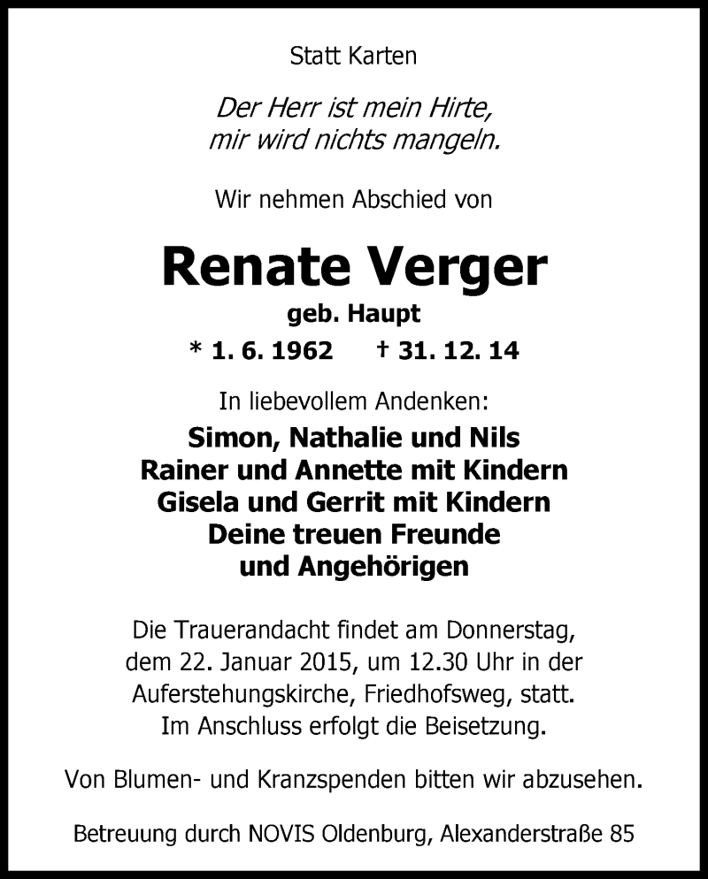  Traueranzeige für Renate Verger vom 17.01.2015 aus Nordwest-Zeitung