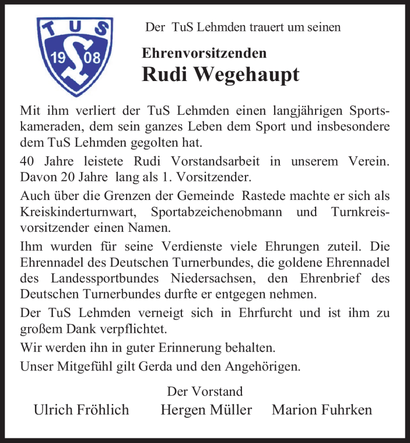  Traueranzeige für Rudi Wegehaupt vom 11.02.2012 aus Nordwest-Zeitung