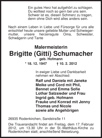 Traueranzeige von Brigitte Schumacher von Nordwest-Zeitung