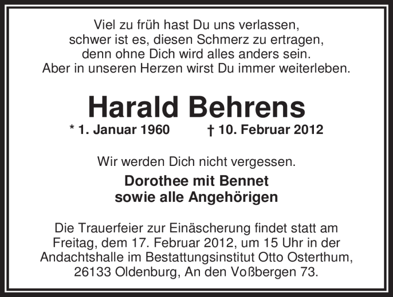 Traueranzeige für Harald Behrens vom 15.02.2012 aus Nordwest-Zeitung