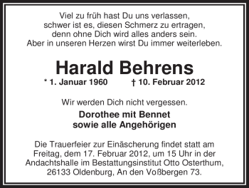 Traueranzeige von Harald Behrens von Nordwest-Zeitung