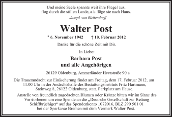 Traueranzeige von Walter Post von Nordwest-Zeitung