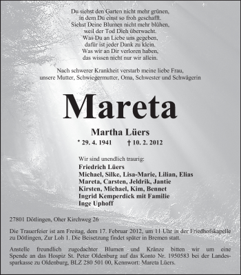 Traueranzeige von Martha Lüers von Nordwest-Zeitung