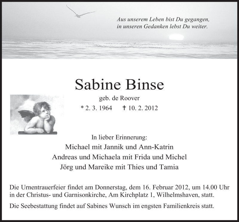  Traueranzeige für Sabine Binse vom 14.02.2012 aus Nordwest-Zeitung