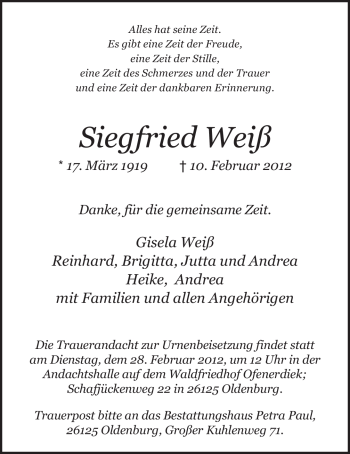Traueranzeige von Siegfried Weiß von Nordwest-Zeitung