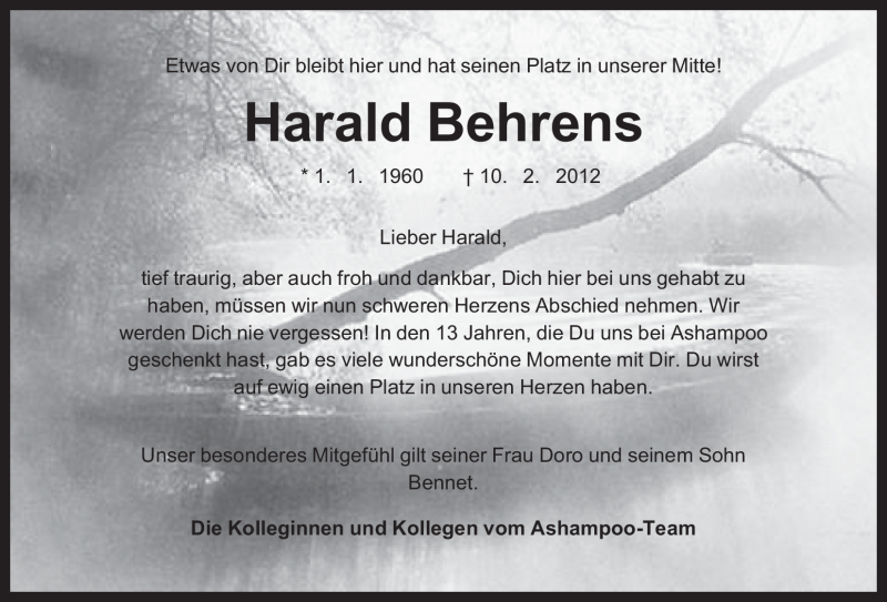  Traueranzeige für Harald Behrens vom 15.02.2012 aus Nordwest-Zeitung
