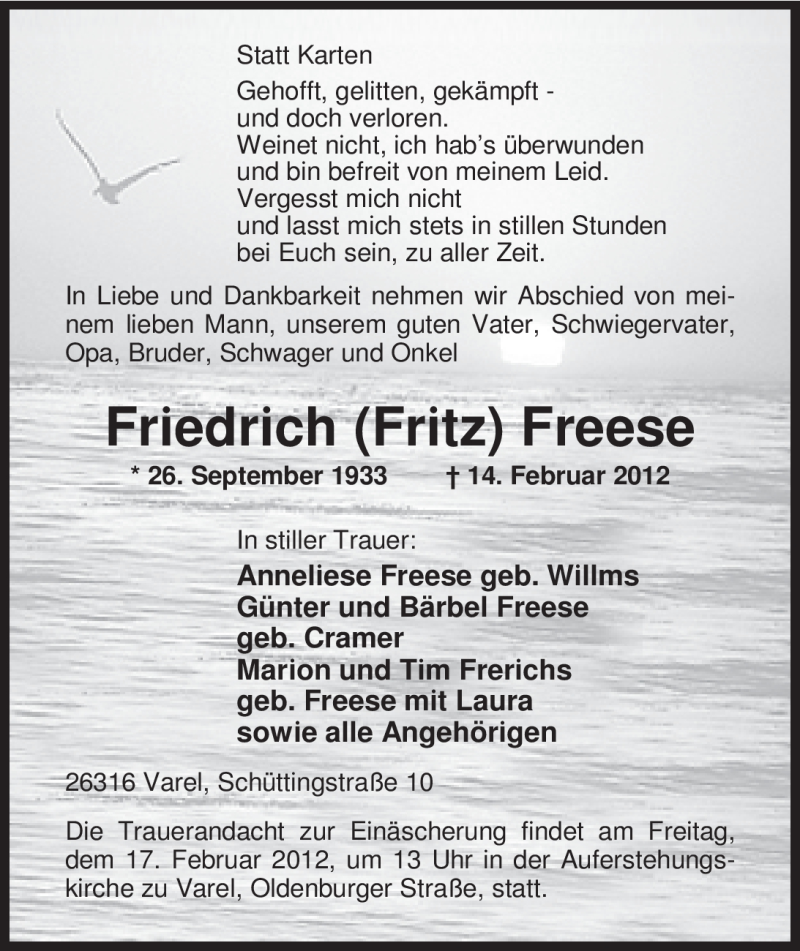  Traueranzeige für Friedrich Freese vom 15.02.2012 aus Nordwest-Zeitung