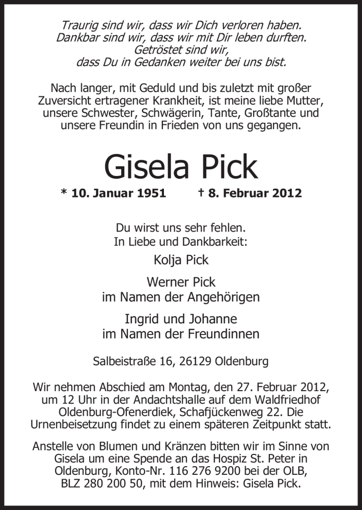  Traueranzeige für Gisela Pick vom 18.02.2012 aus Nordwest-Zeitung