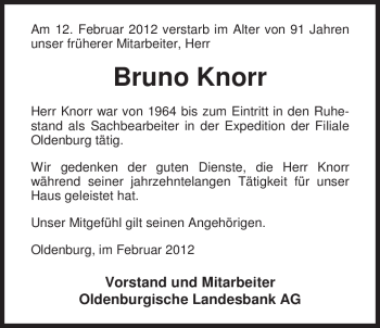Traueranzeige von Bruno Knorr von Nordwest-Zeitung