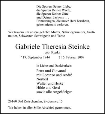Traueranzeige von Gabriele Theresia Steinke von Nordwest-Zeitung