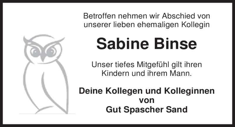  Traueranzeige für Sabine Binse vom 17.02.2012 aus Nordwest-Zeitung