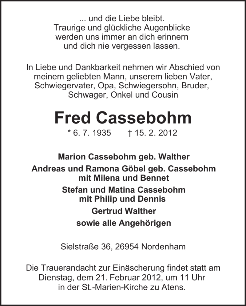 Traueranzeige für Fred Cassebohm vom 17.02.2012 aus Nordwest-Zeitung